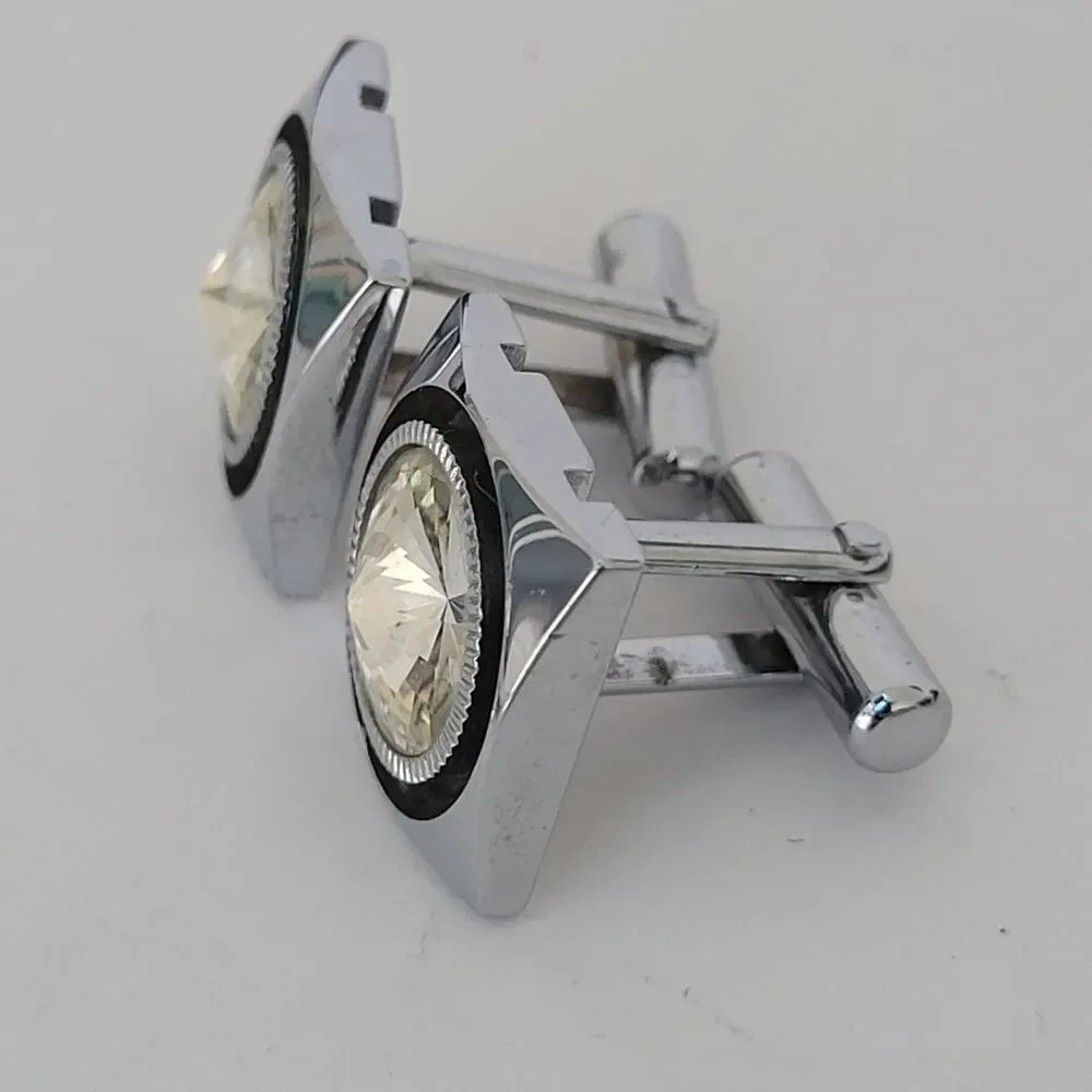 Contemporary Square Topaz Crystal Cufflinks Silver Tone Retro Glam Bullet Back